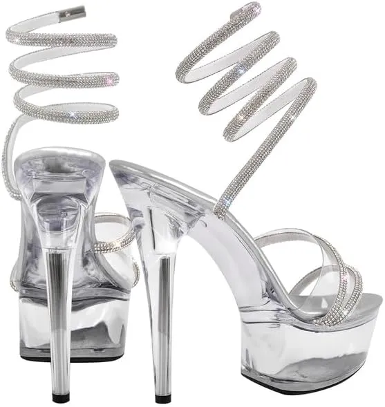 MissHeel Sparkling Spiral Strap Clear Platform Heels