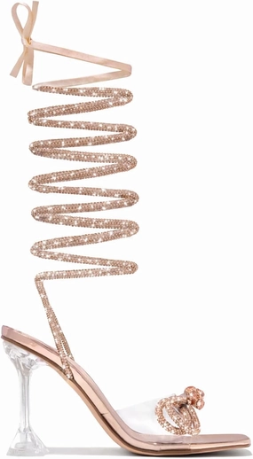 MissHeel Clear Chunky Heel Open Toe Bow Heel Rhinestone Lace Up