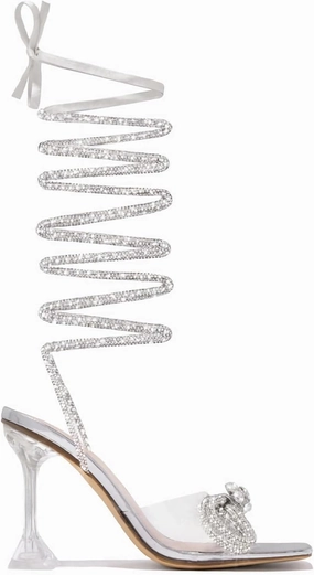 MissHeel Clear Chunky Heel Open Toe Bow Heel Rhinestone Lace Up