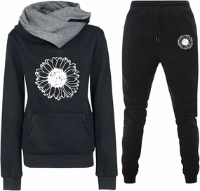 Miyaomn Cute Sunflower Print Slim Fit Tracksuits for Women 2 Piece Long Sleeve Hooded Top and Jogger Pants Fitness Gym Outfit