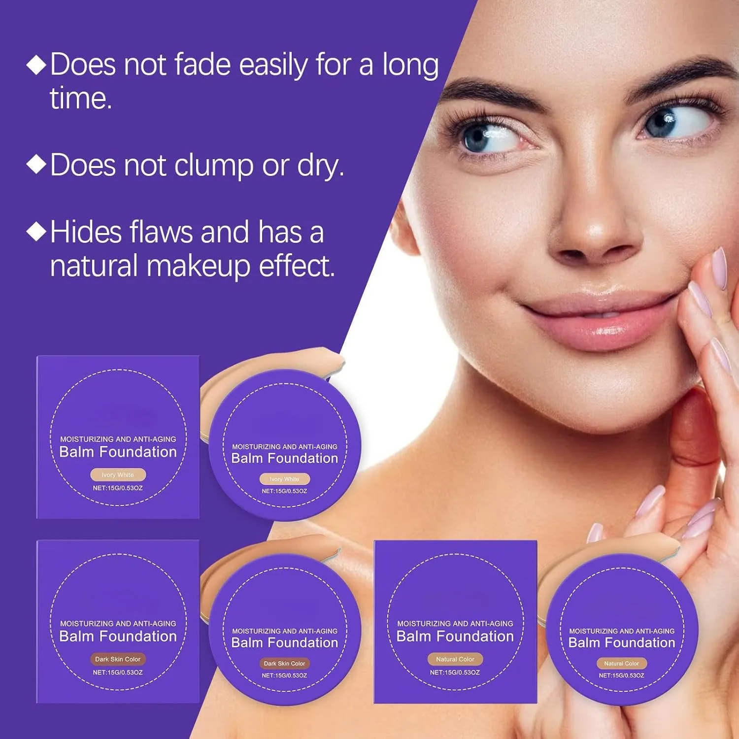 Moisturizing Anti-Aging Balm Foundation, Long-Lasting Coverage, Natural Radiance, Lightweight, smooth, moisturizing and nourishing for the skin, leaving it clear and radiant (Natural Color)