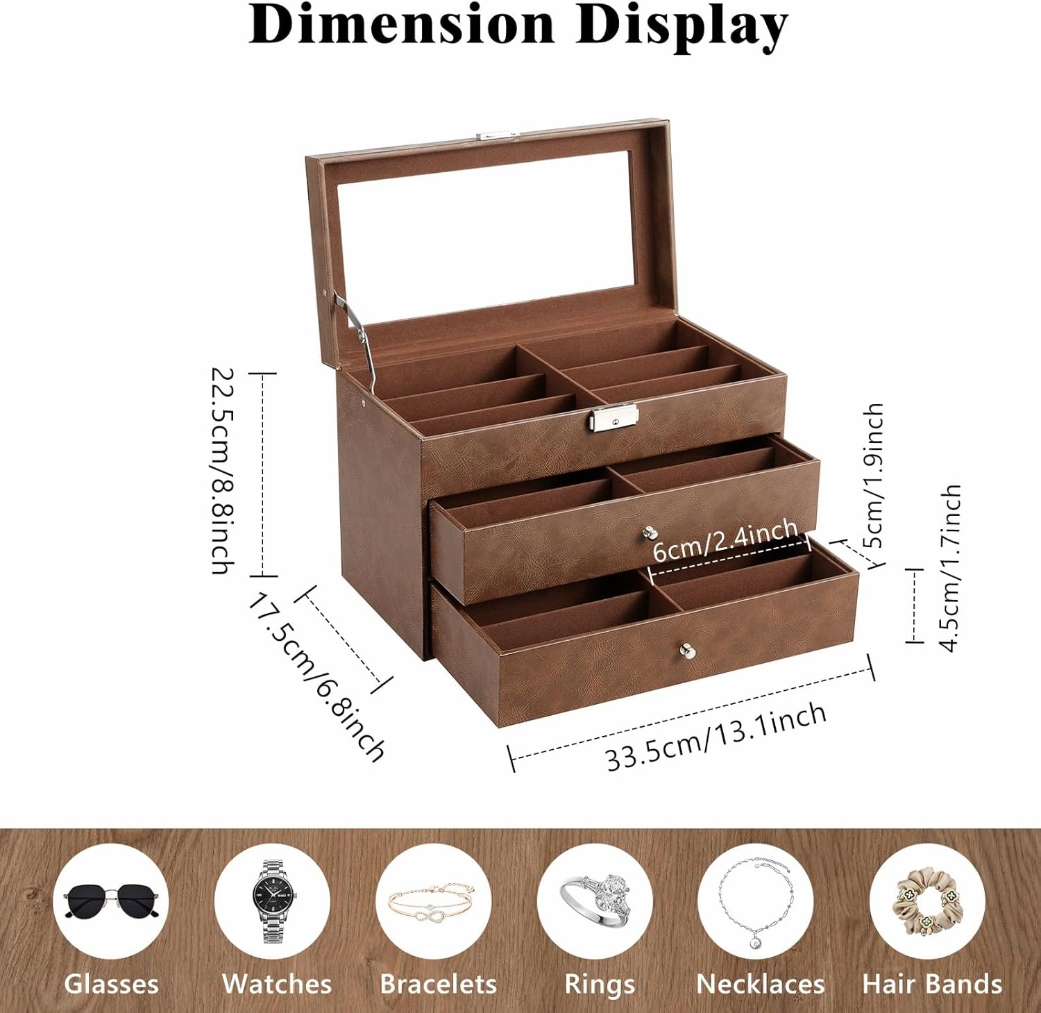 MoKo Sunglasses Organizer, Leather Sunglass Display Collection Holder Case with Drawer Clear Glass Lid