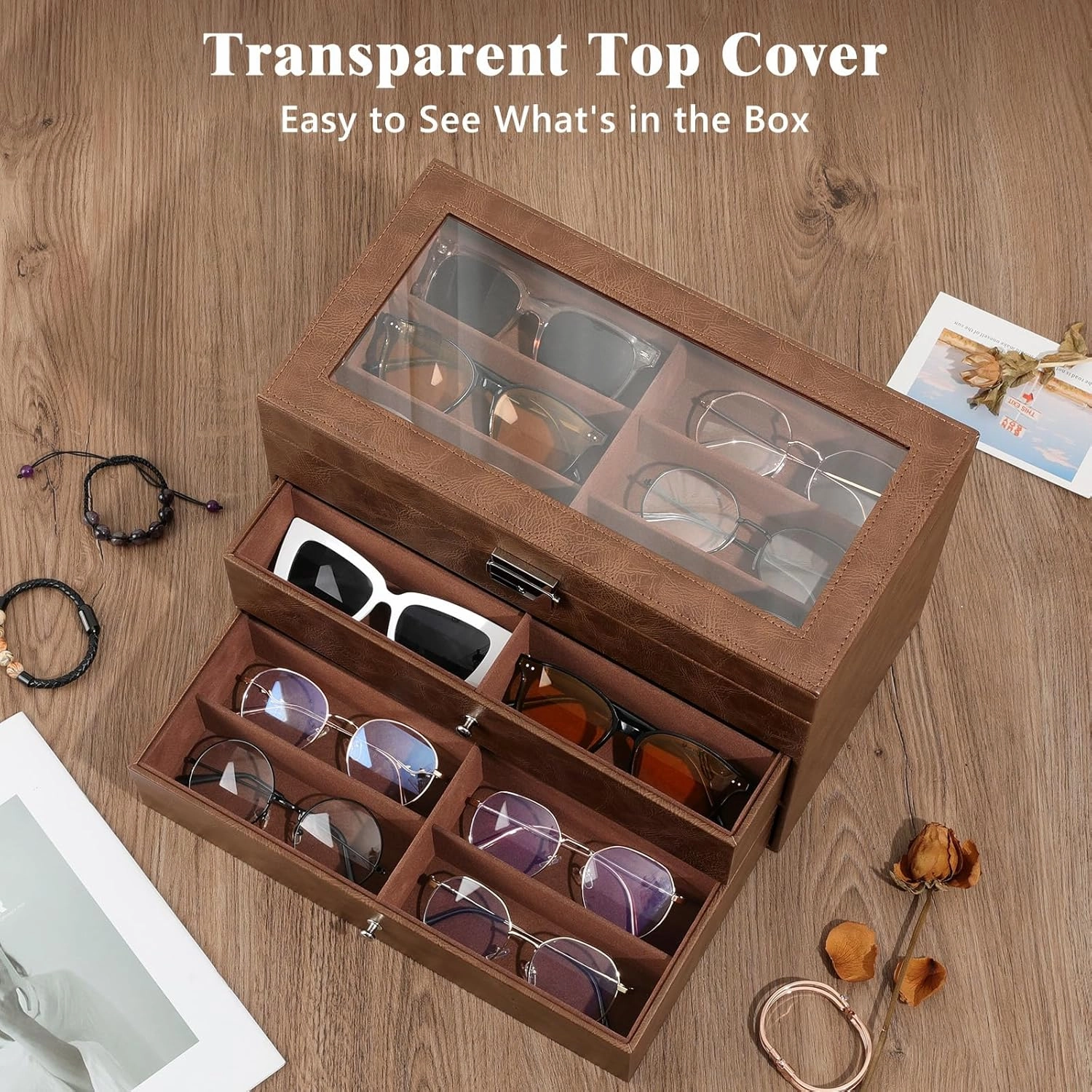MoKo Sunglasses Organizer, Leather Sunglass Display Collection Holder Case with Drawer Clear Glass Lid