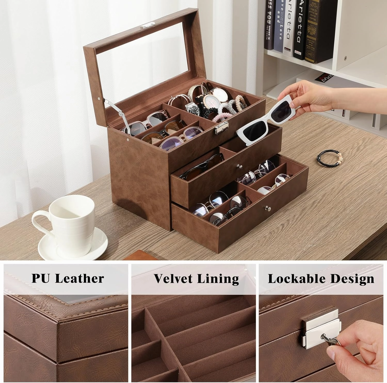 MoKo Sunglasses Organizer, Leather Sunglass Display Collection Holder Case with Drawer Clear Glass Lid