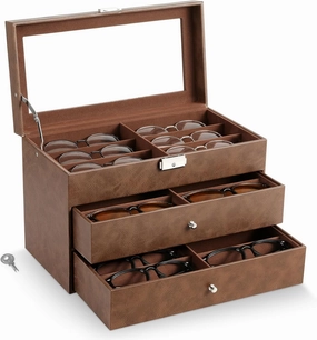 MoKo Sunglasses Organizer, Leather Sunglass Display Collection Holder Case with Drawer Clear Glass Lid
