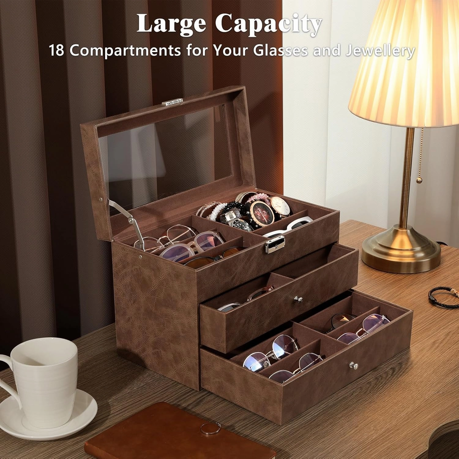 MoKo Sunglasses Organizer, Leather Sunglass Display Collection Holder Case with Drawer Clear Glass Lid