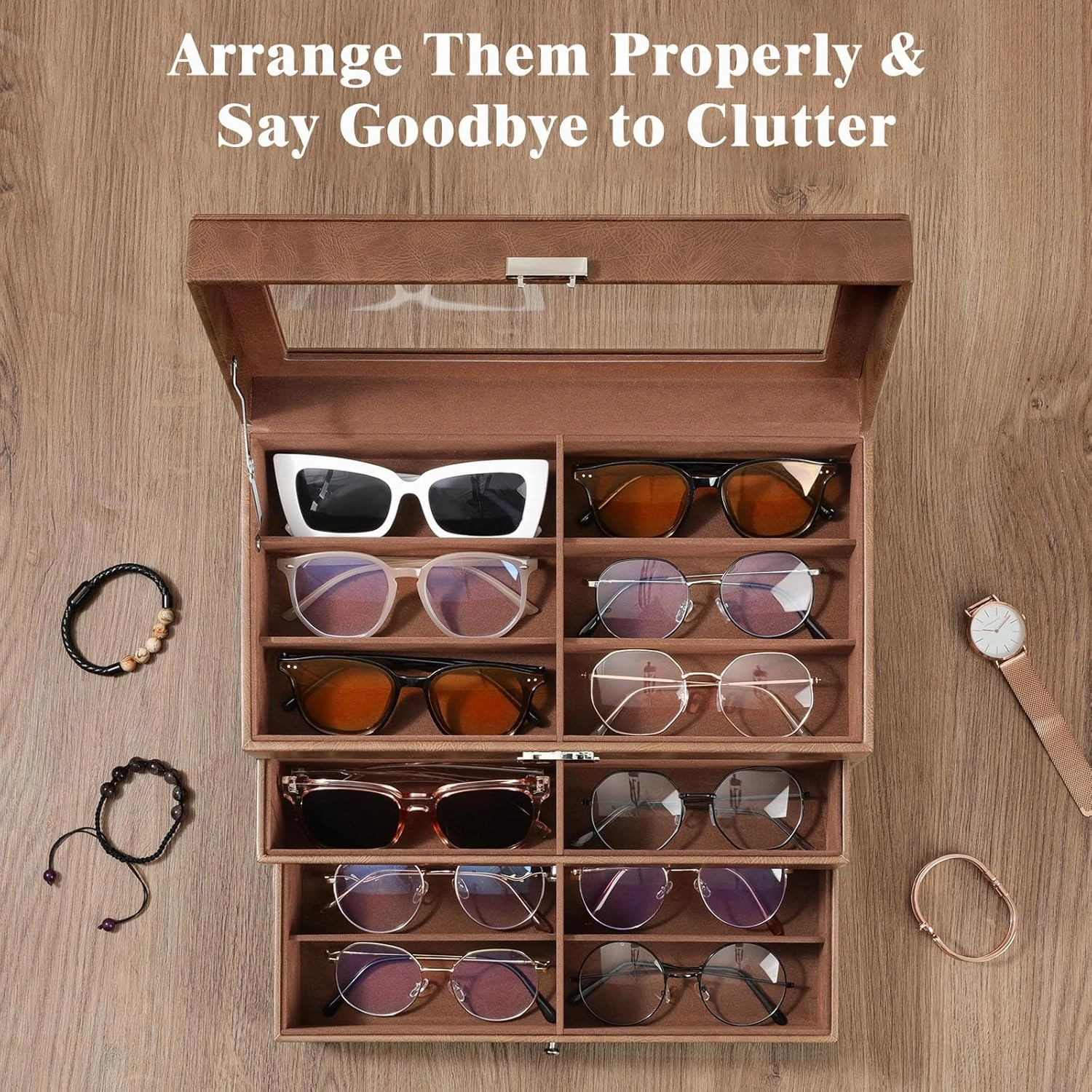 MoKo Sunglasses Organizer, Leather Sunglass Display Collection Holder Case with Drawer Clear Glass Lid