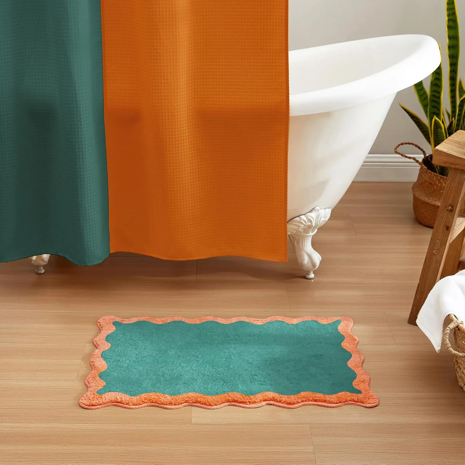 MONDAY MOOSE Bath Mat with Scalloped Wavy Ripple Design, Microfiber Absorbent Non Slip Tufted Rug for Floor, Shower or Kitchen (20x32 inch, Teal Peach)
