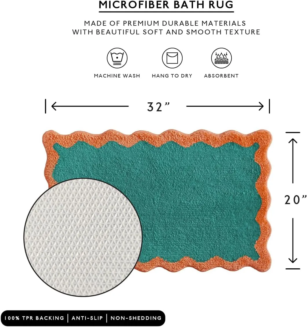 MONDAY MOOSE Bath Mat with Scalloped Wavy Ripple Design, Microfiber Absorbent Non Slip Tufted Rug for Floor, Shower or Kitchen (20x32 inch, Teal Peach)