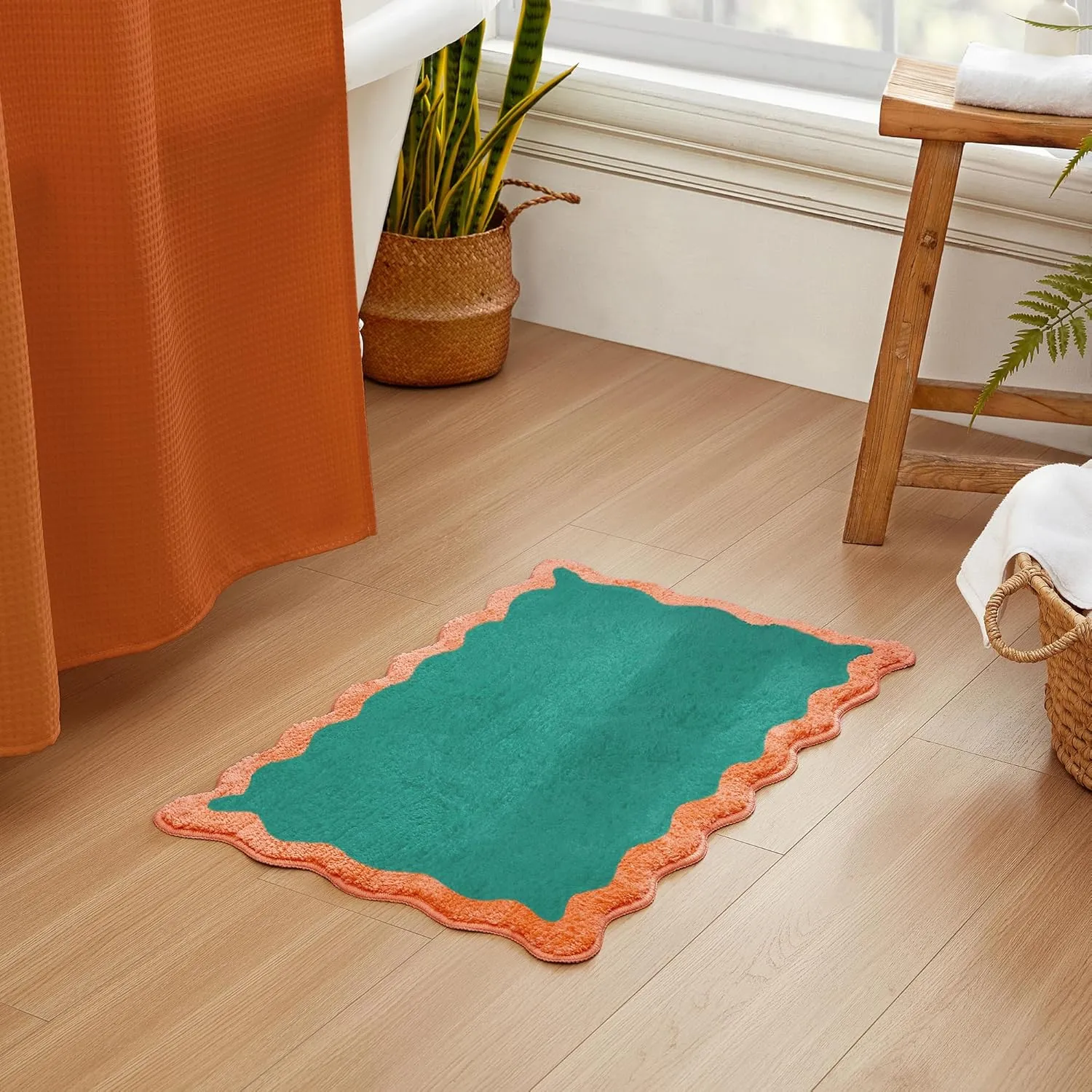 MONDAY MOOSE Bath Mat with Scalloped Wavy Ripple Design, Microfiber Absorbent Non Slip Tufted Rug for Floor, Shower or Kitchen (20x32 inch, Teal Peach)