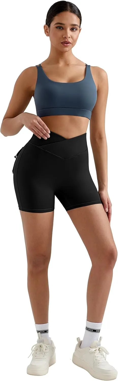 MOOSLOVER Women Workout Biker Shorts with Pockets High Waisted V Cross Shorts Scrunch Butt Yoga Gym Booty Shorts