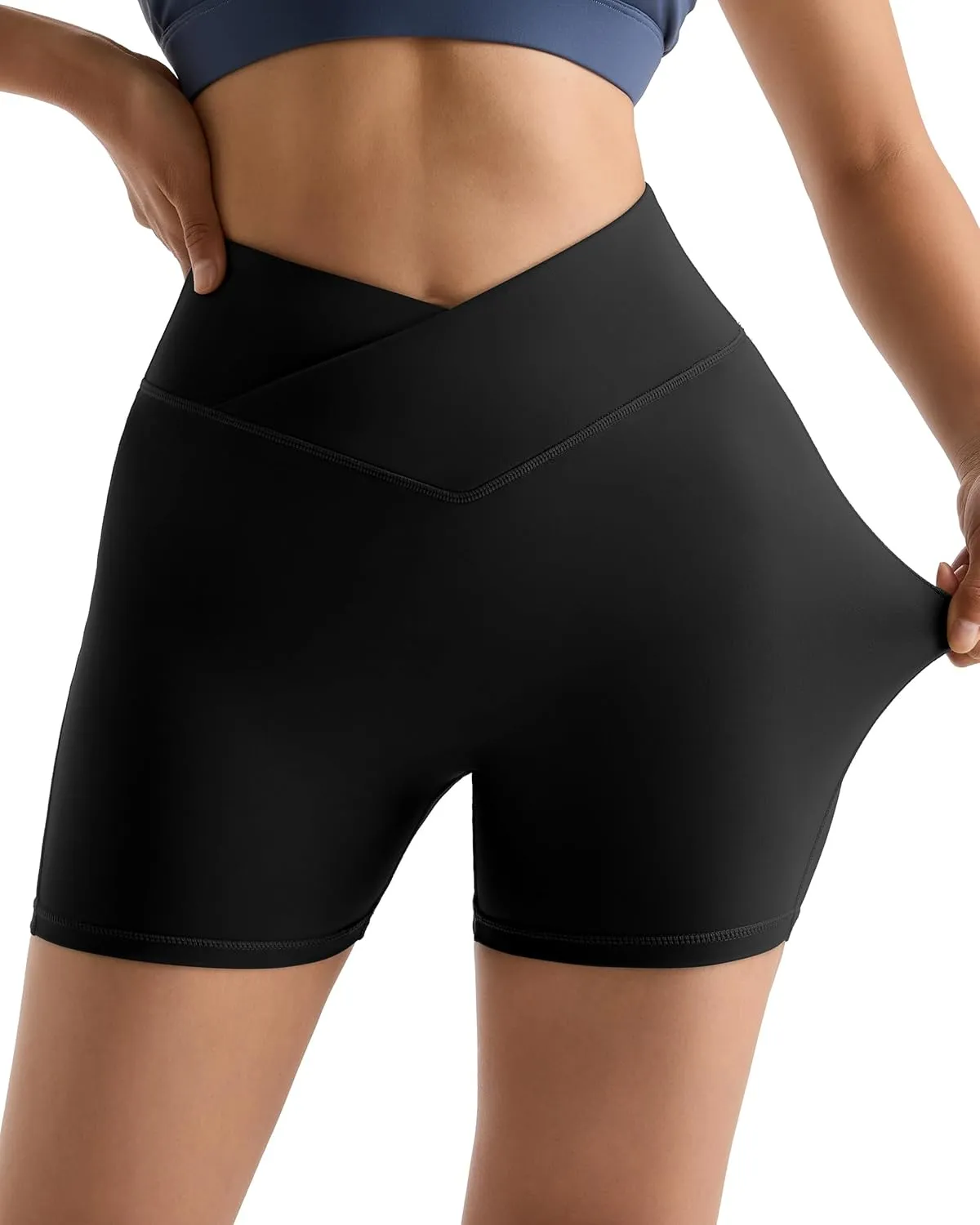 MOOSLOVER Women Workout Biker Shorts with Pockets High Waisted V Cross Shorts Scrunch Butt Yoga Gym Booty Shorts