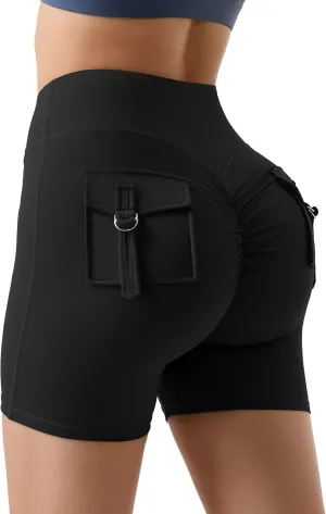 MOOSLOVER Women Workout Biker Shorts with Pockets High Waisted V Cross Shorts Scrunch Butt Yoga Gym Booty Shorts