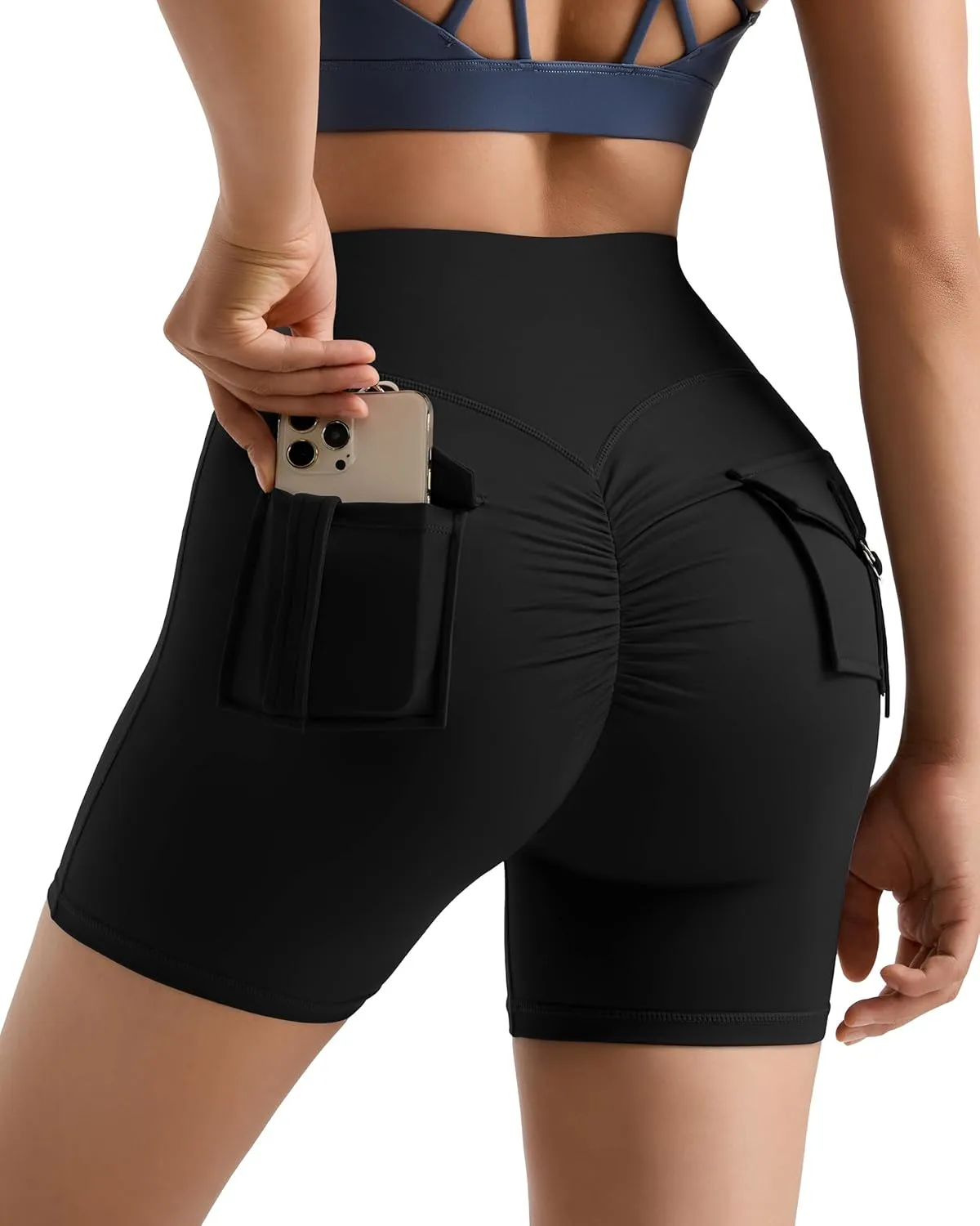 MOOSLOVER Women Workout Biker Shorts with Pockets High Waisted V Cross Shorts Scrunch Butt Yoga Gym Booty Shorts