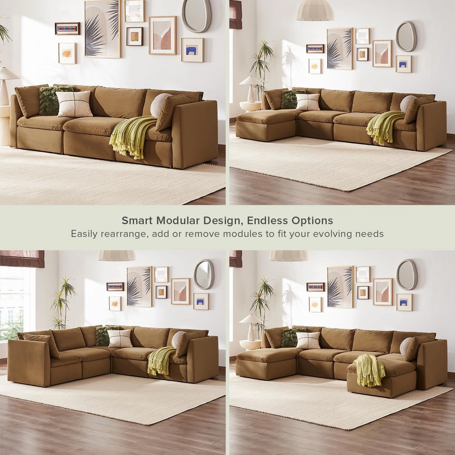 mopio Oversized Modular Sectional Sofa with Fully Removable Covers and Storage, Convertible U & L Shaped Sectionals, Modern Cloud Couch with Ottoman Chaise (Hazelnut Velvet, 4 Seats, L)