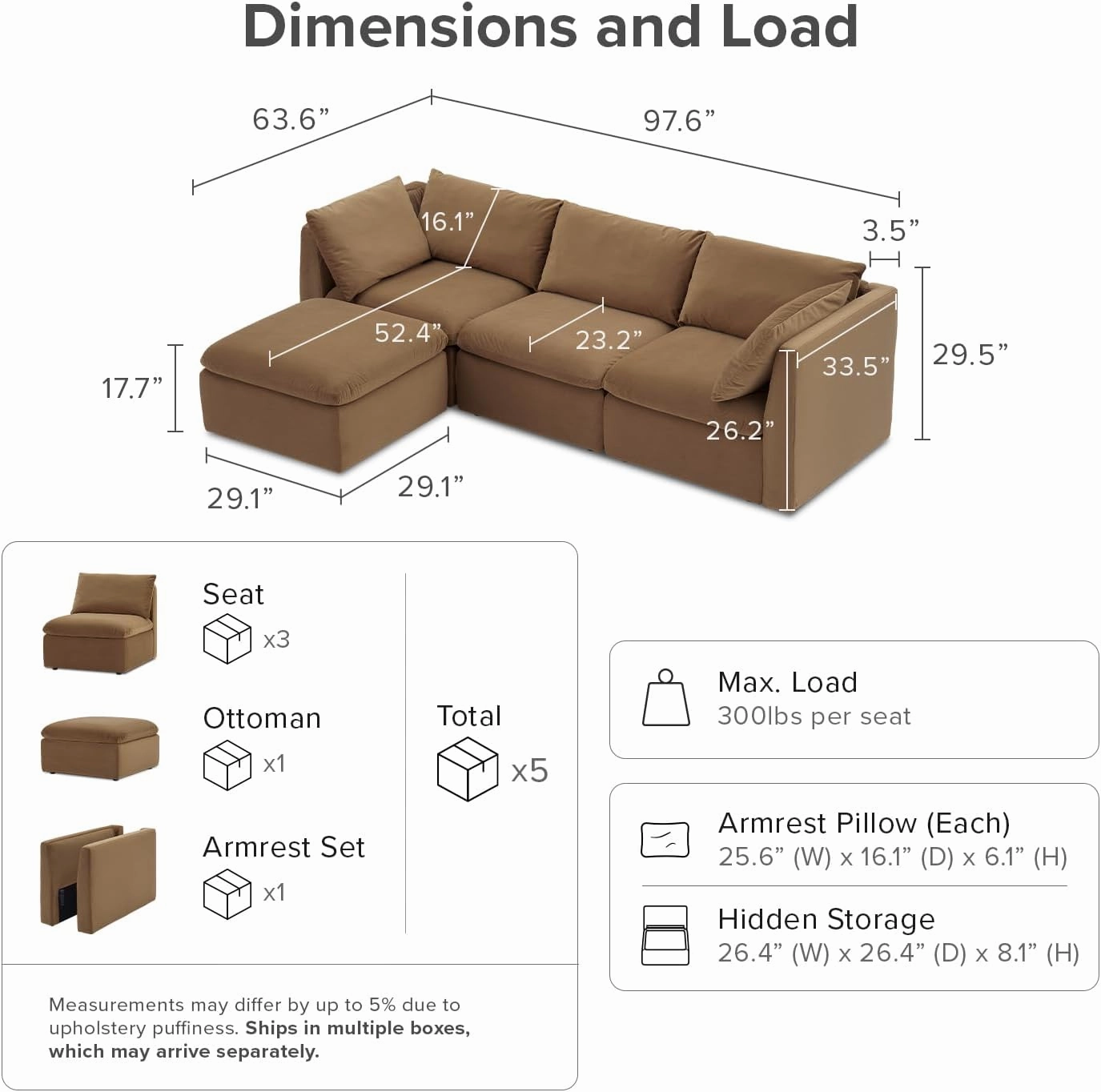 mopio Oversized Modular Sectional Sofa with Fully Removable Covers and Storage, Convertible U & L Shaped Sectionals, Modern Cloud Couch with Ottoman Chaise (Hazelnut Velvet, 4 Seats, L)