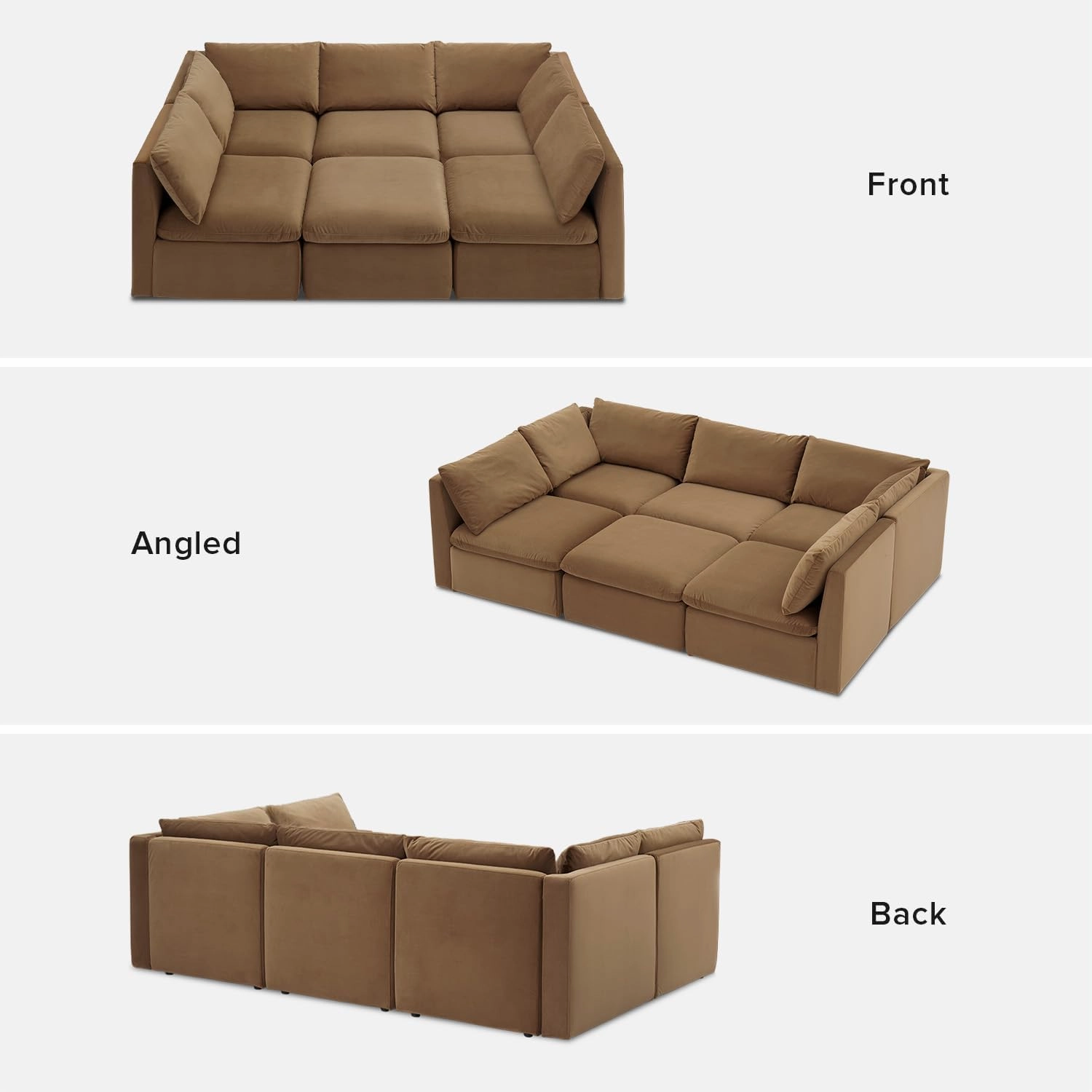 mopio Oversized Modular Sectional Sofa with Fully Removable Covers and Storage, Convertible U & L Shaped Sectionals, Modern Cloud Couch with Ottoman Chaise (Hazelnut Velvet, 6 Seats, Sleeper)