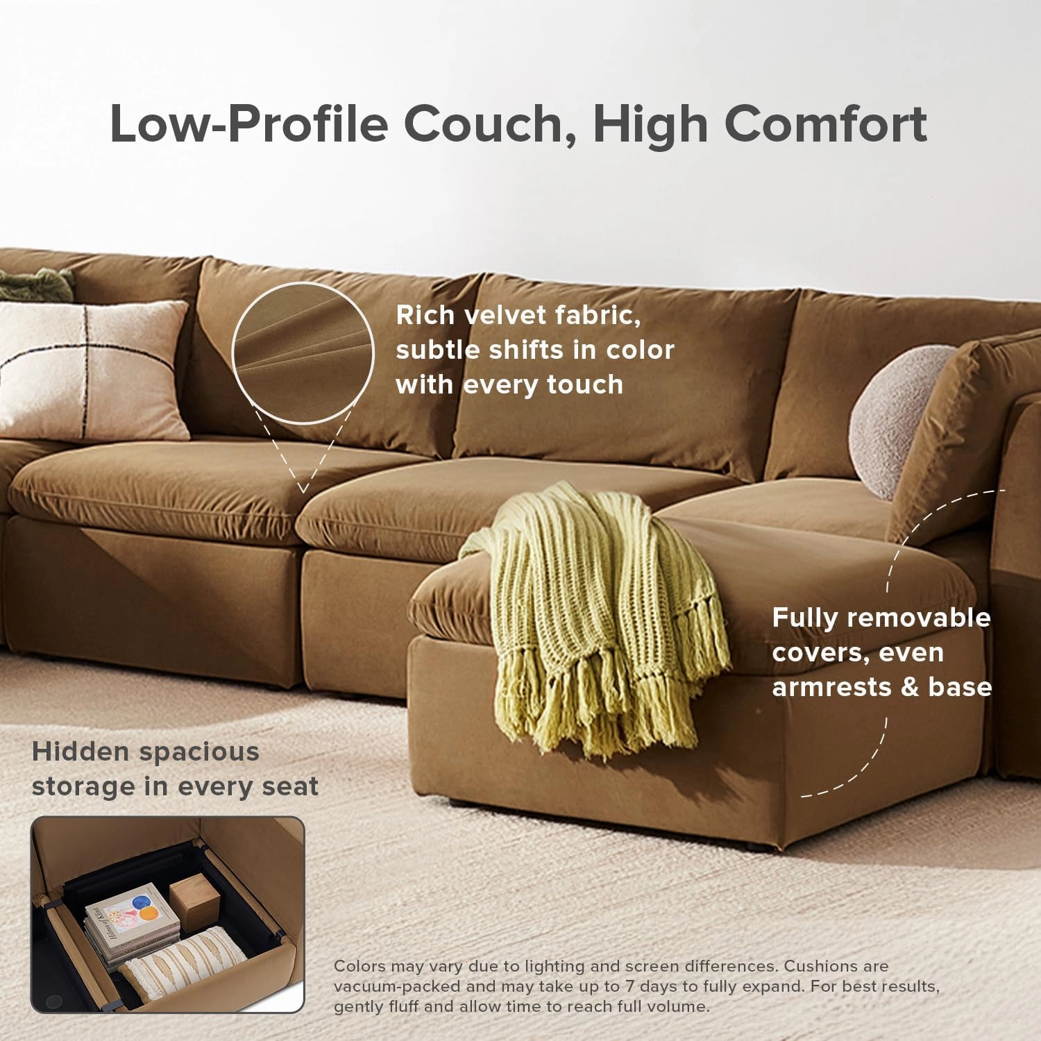 mopio Oversized Modular Sectional Sofa with Fully Removable Covers and Storage, Convertible U & L Shaped Sectionals, Modern Cloud Couch with Ottoman Chaise (Hazelnut Velvet, 6 Seats, Sleeper)