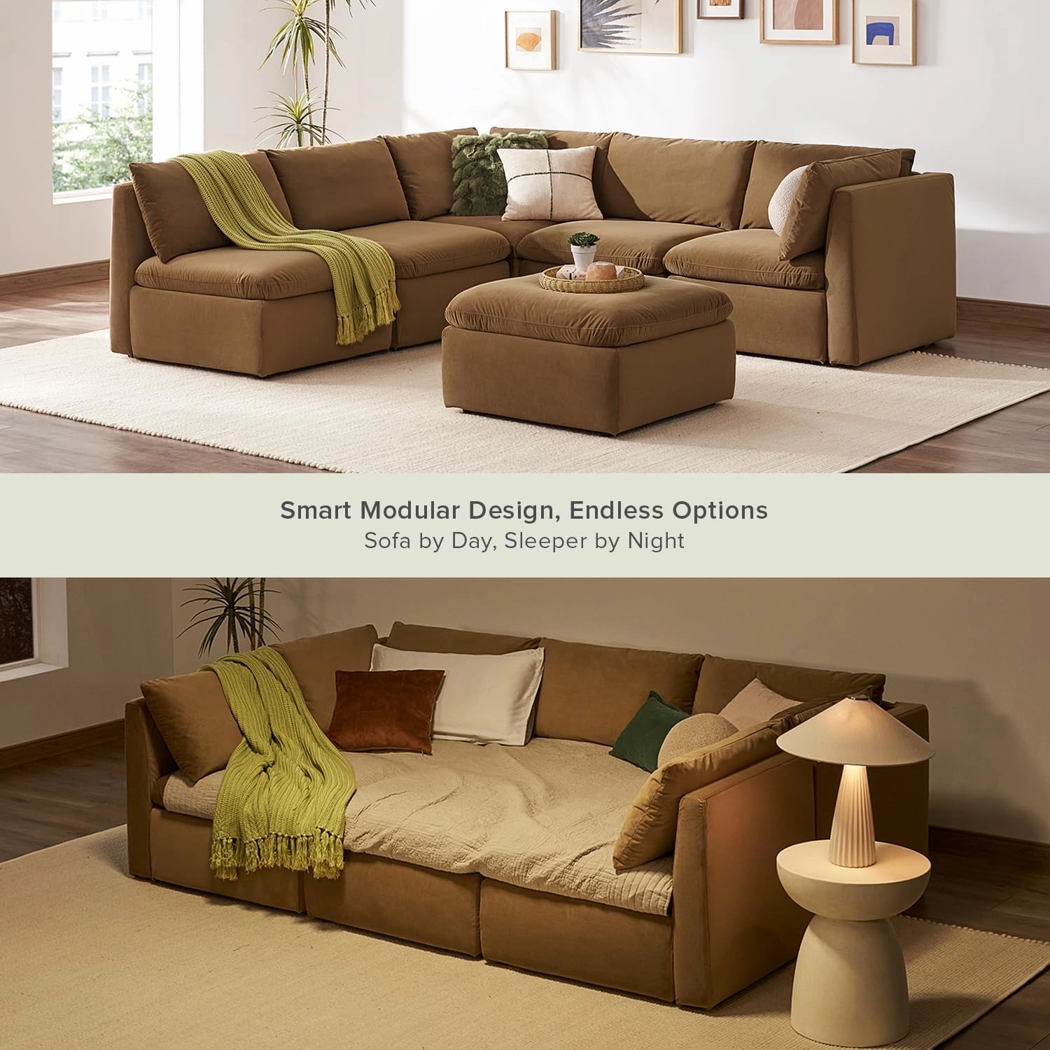 mopio Oversized Modular Sectional Sofa with Fully Removable Covers and Storage, Convertible U & L Shaped Sectionals, Modern Cloud Couch with Ottoman Chaise (Hazelnut Velvet, 6 Seats, Sleeper)