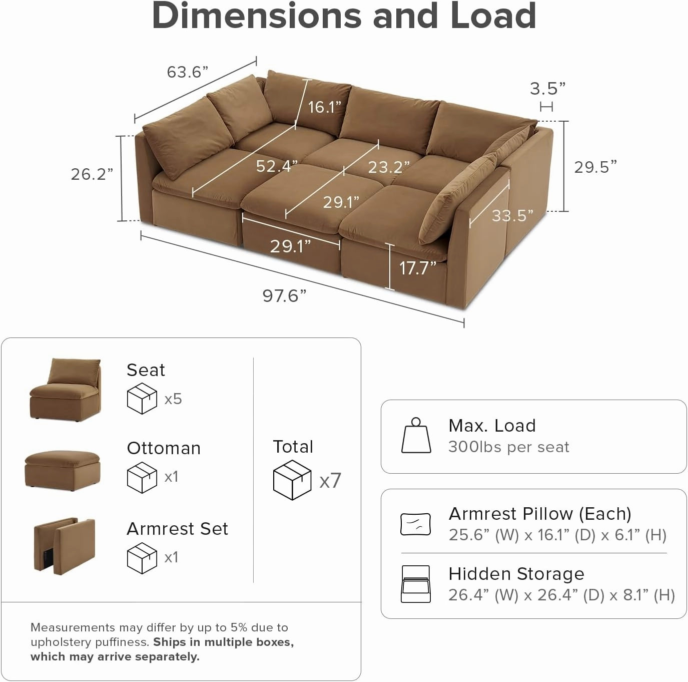 mopio Oversized Modular Sectional Sofa with Fully Removable Covers and Storage, Convertible U & L Shaped Sectionals, Modern Cloud Couch with Ottoman Chaise (Hazelnut Velvet, 6 Seats, Sleeper)