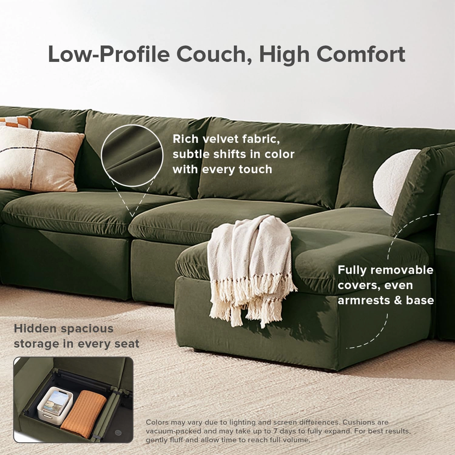 mopio Oversized Modular Sectional Sofa with Fully Removable Covers and Storage, Convertible U & L Shaped Sectionals, Modern Cloud Couch with Ottoman Chaise (Olive Green Velvet, 6 Seats, Sleeper)
