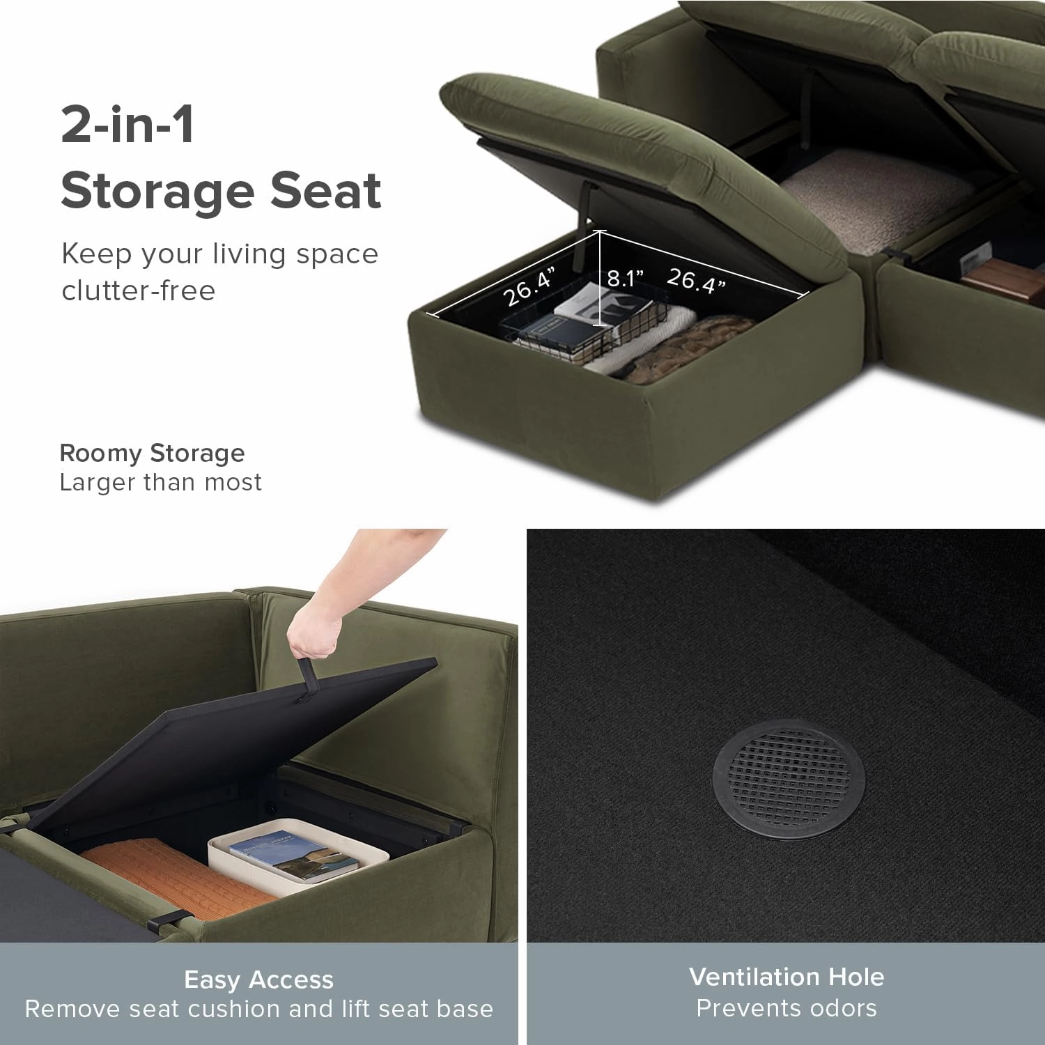 mopio Oversized Modular Sectional Sofa with Fully Removable Covers and Storage, Convertible U & L Shaped Sectionals, Modern Cloud Couch with Ottoman Chaise (Olive Green Velvet, 6 Seats, Sleeper)