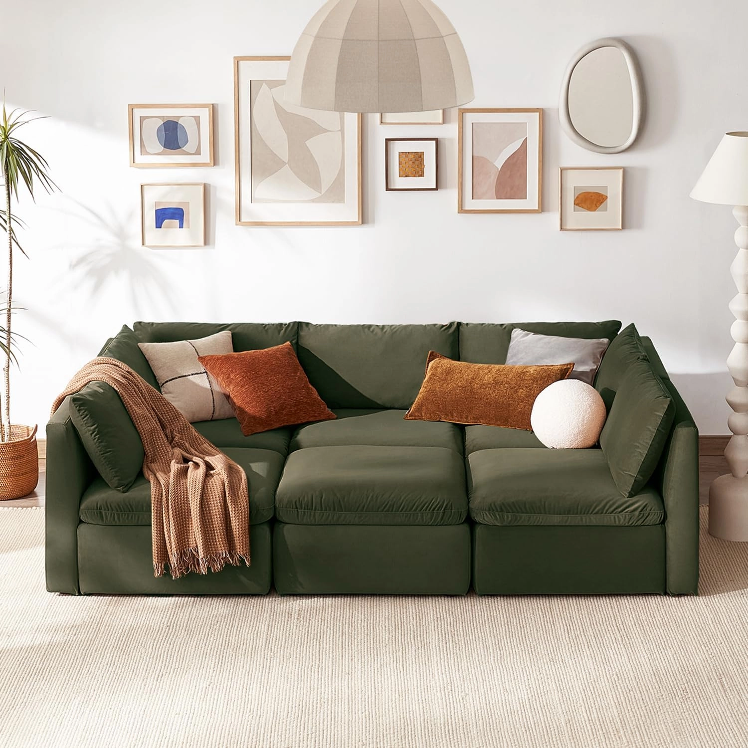 mopio Oversized Modular Sectional Sofa with Fully Removable Covers and Storage, Convertible U & L Shaped Sectionals, Modern Cloud Couch with Ottoman Chaise (Olive Green Velvet, 6 Seats, Sleeper)