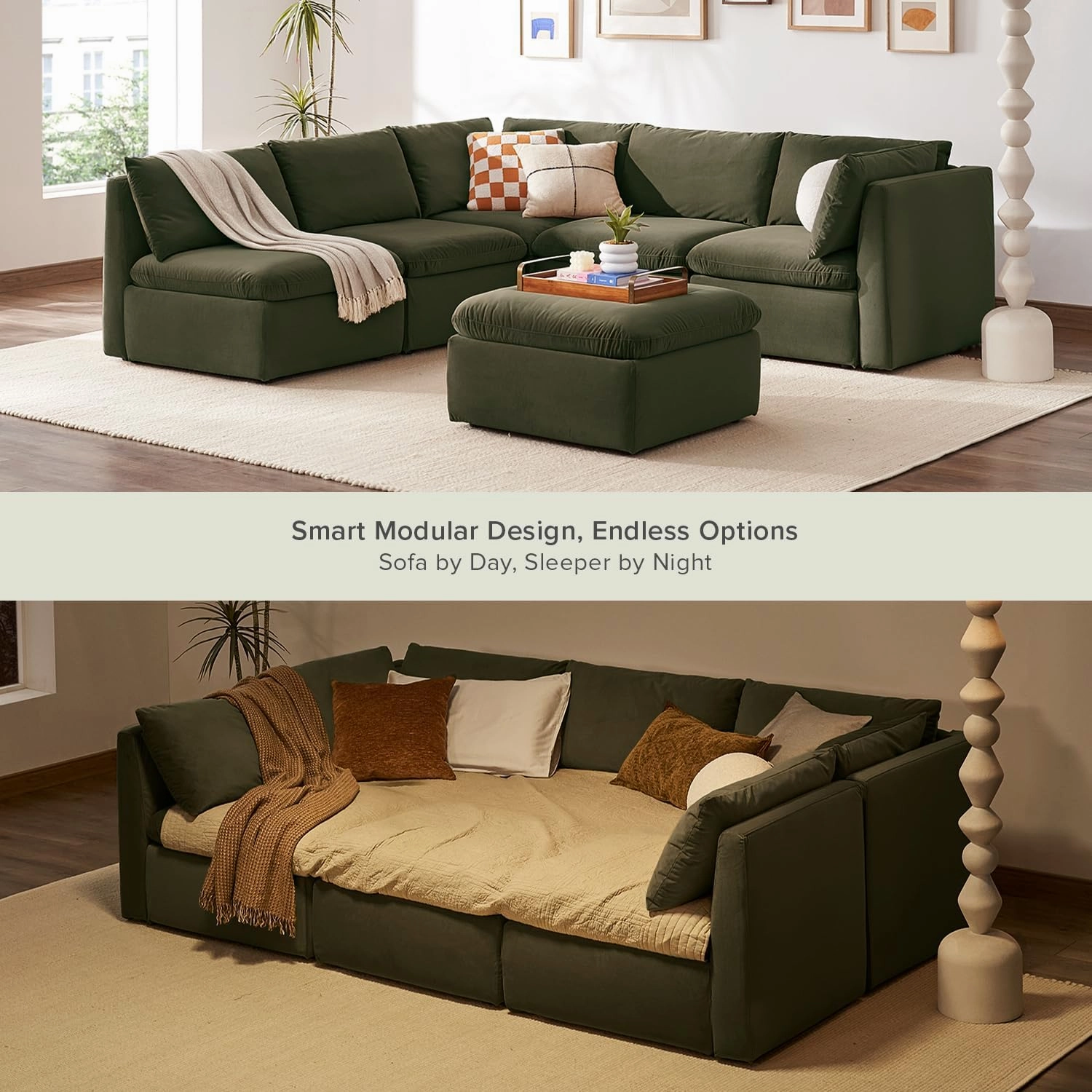 mopio Oversized Modular Sectional Sofa with Fully Removable Covers and Storage, Convertible U & L Shaped Sectionals, Modern Cloud Couch with Ottoman Chaise (Olive Green Velvet, 6 Seats, Sleeper)