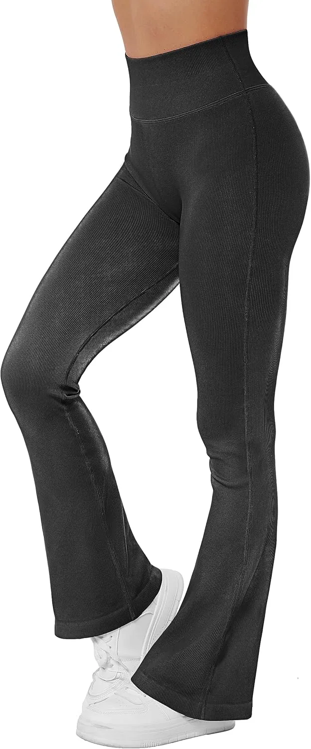 MOSHENGQI Women Ribbed Flare Leggings Seamless High Waist Bootcut Yoga Pants