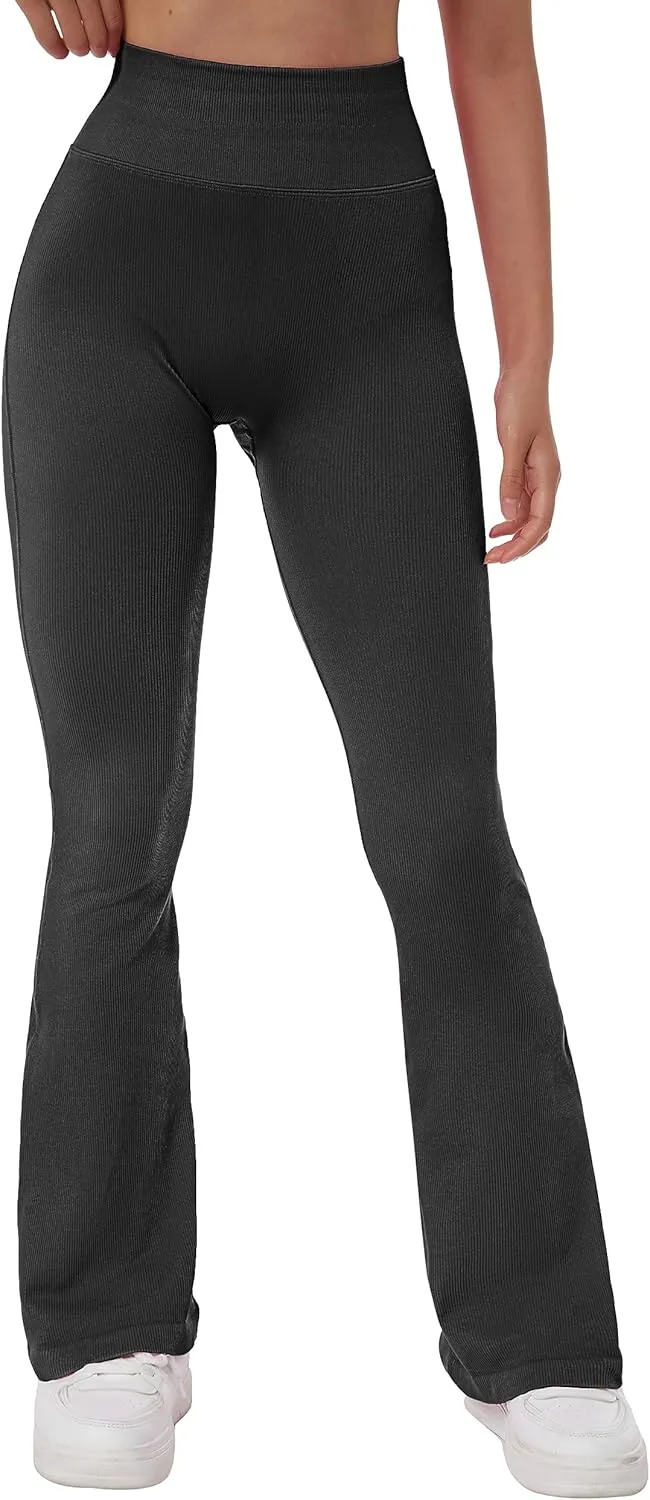 MOSHENGQI Women Ribbed Flare Leggings Seamless High Waist Bootcut Yoga Pants