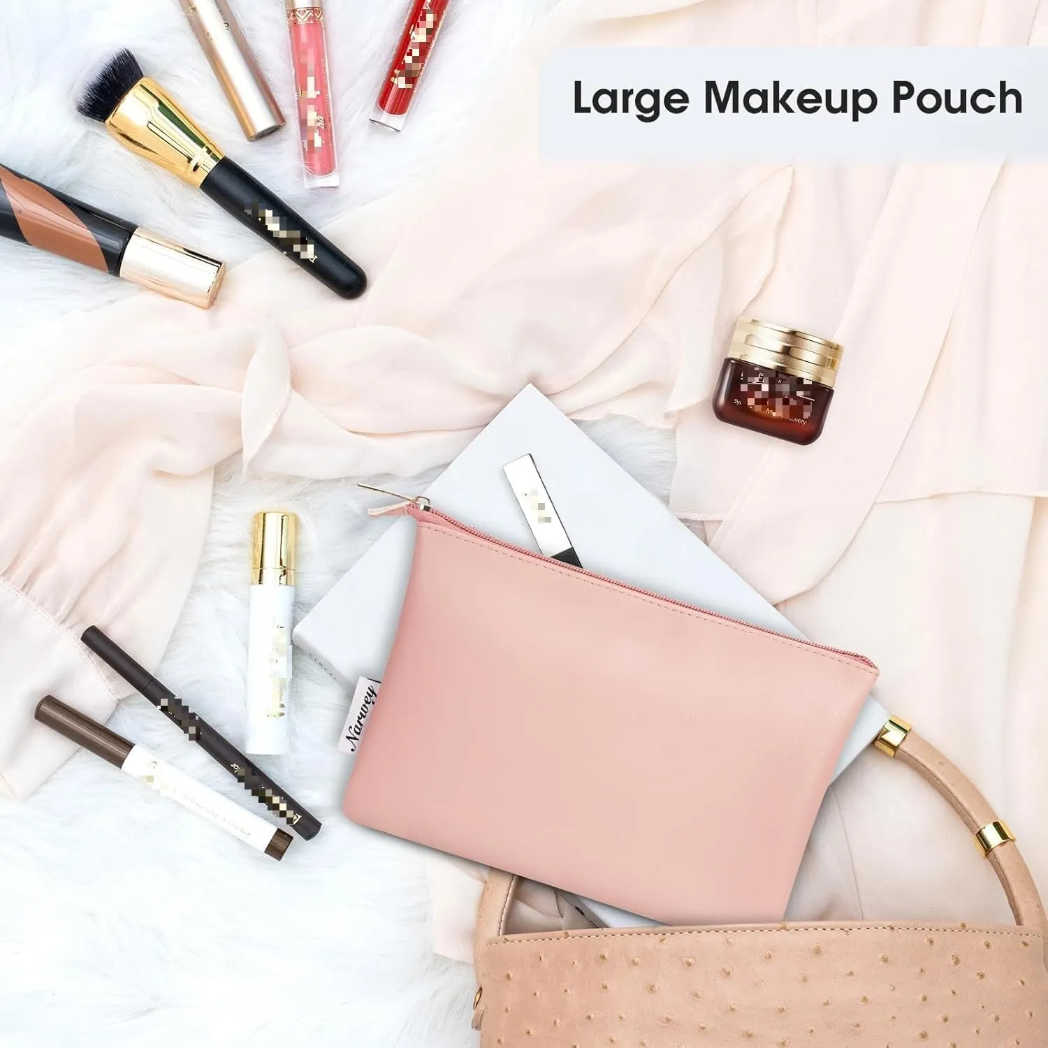 Narwey Small Makeup bag for Purse, Small Makeup Pouch for Purse Cosmetic Bag with Zipper, Cute PU Leather Make up Pouch for Women Girls (Pink)
