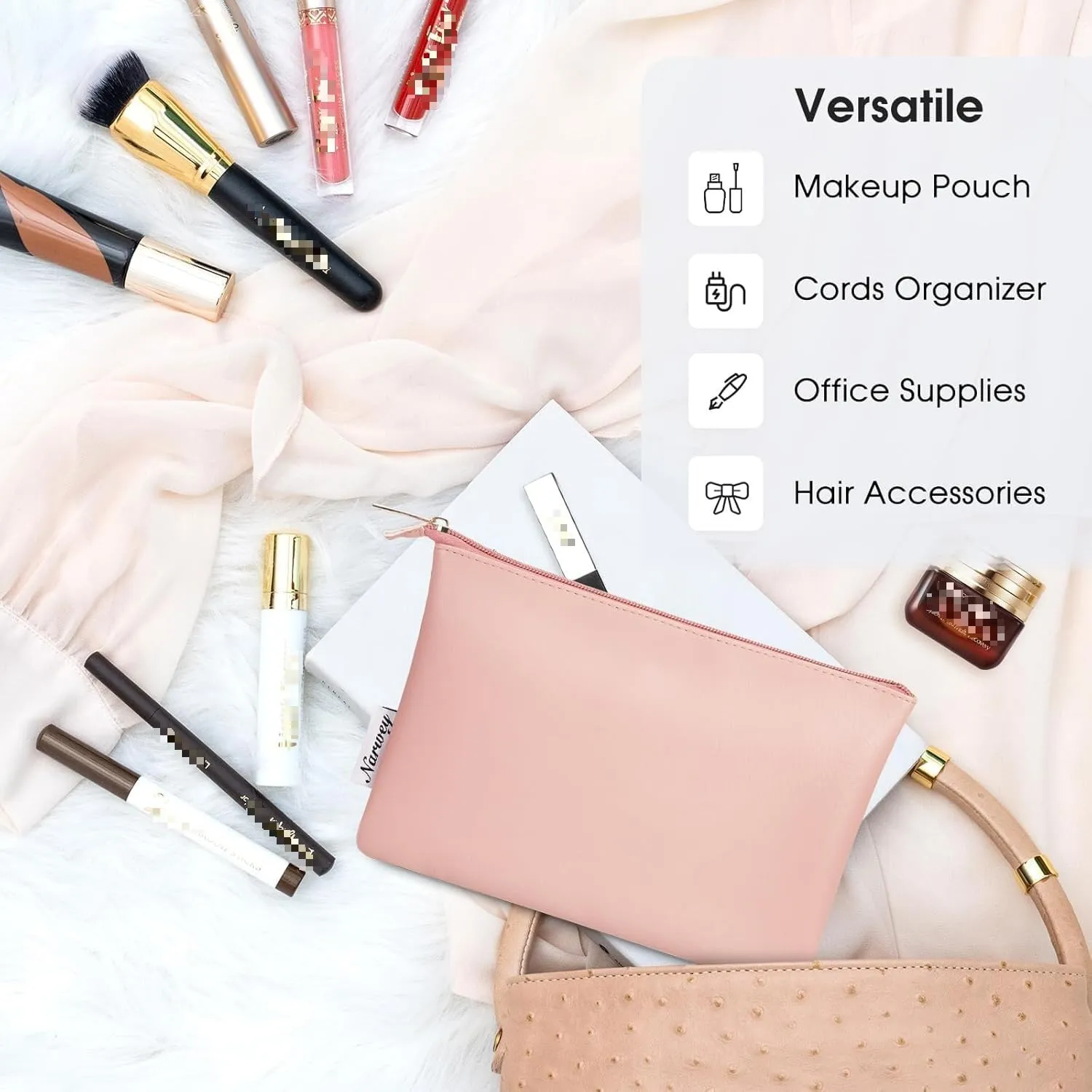 Narwey Small Makeup bag for Purse, Small Makeup Pouch for Purse Cosmetic Bag with Zipper, Cute PU Leather Make up Pouch for Women Girls (Pink)