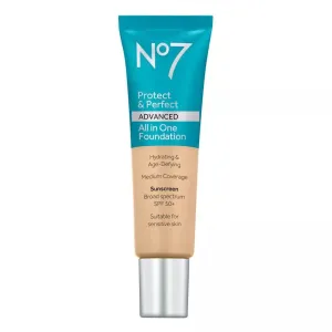 No7 Protect & Perfect Advanced All in One Foundation - Deep Honey - Light to Buildable Coverage - Hydrating Foundation with SPF 50 - Reduces Redness & Blurs Visible Pores (30ml)