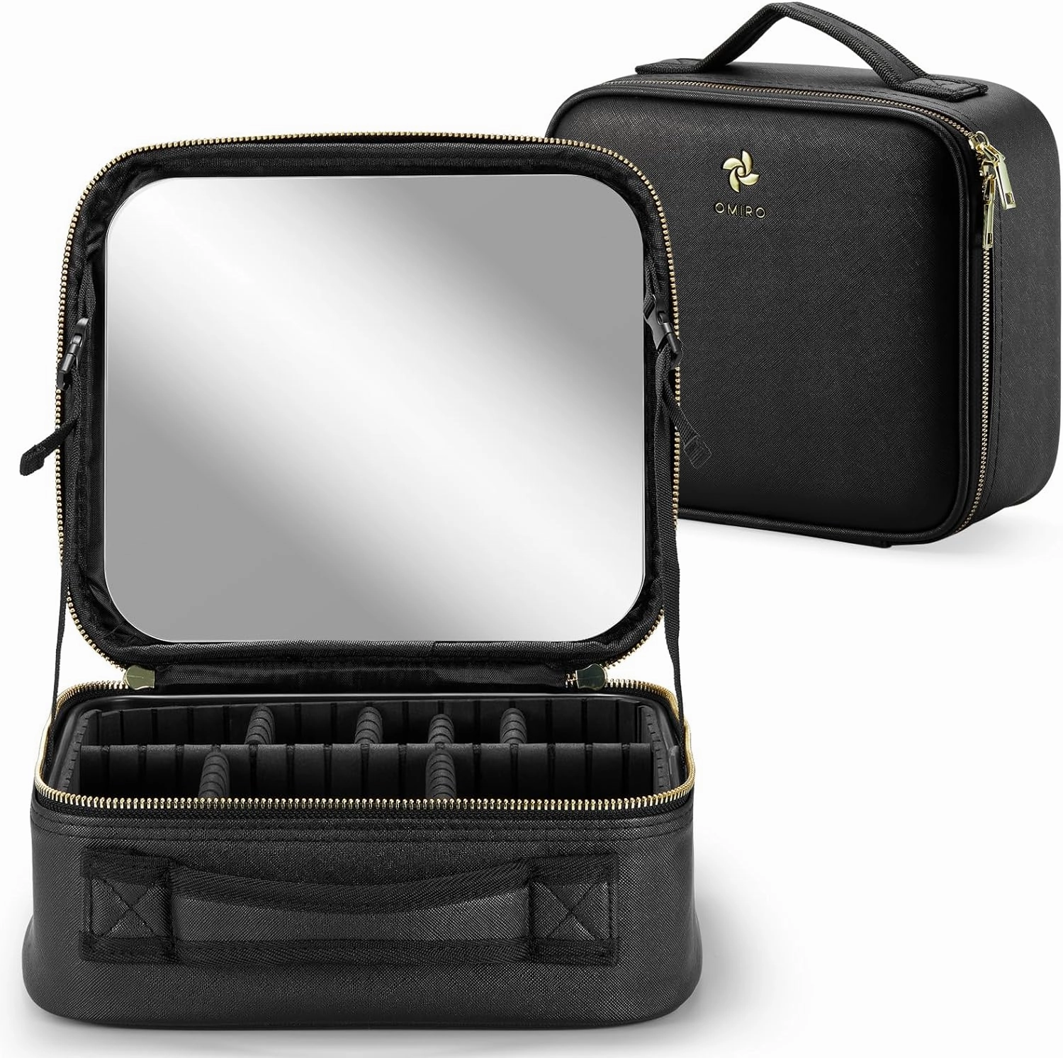 OMIRO Cosmetic Bag with Large Mirror, Separable Makeup Brush Board, Professional Make Up, Bag with Makeup Mirror, Toiletry Bag, Organiser with Cosmetic Mirror for On the Go, No lighting