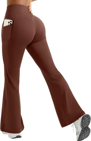 OMKAGI Women Flared Yoga Pants with Pockets Soft High Waisted Wide Leg Workout Leggings