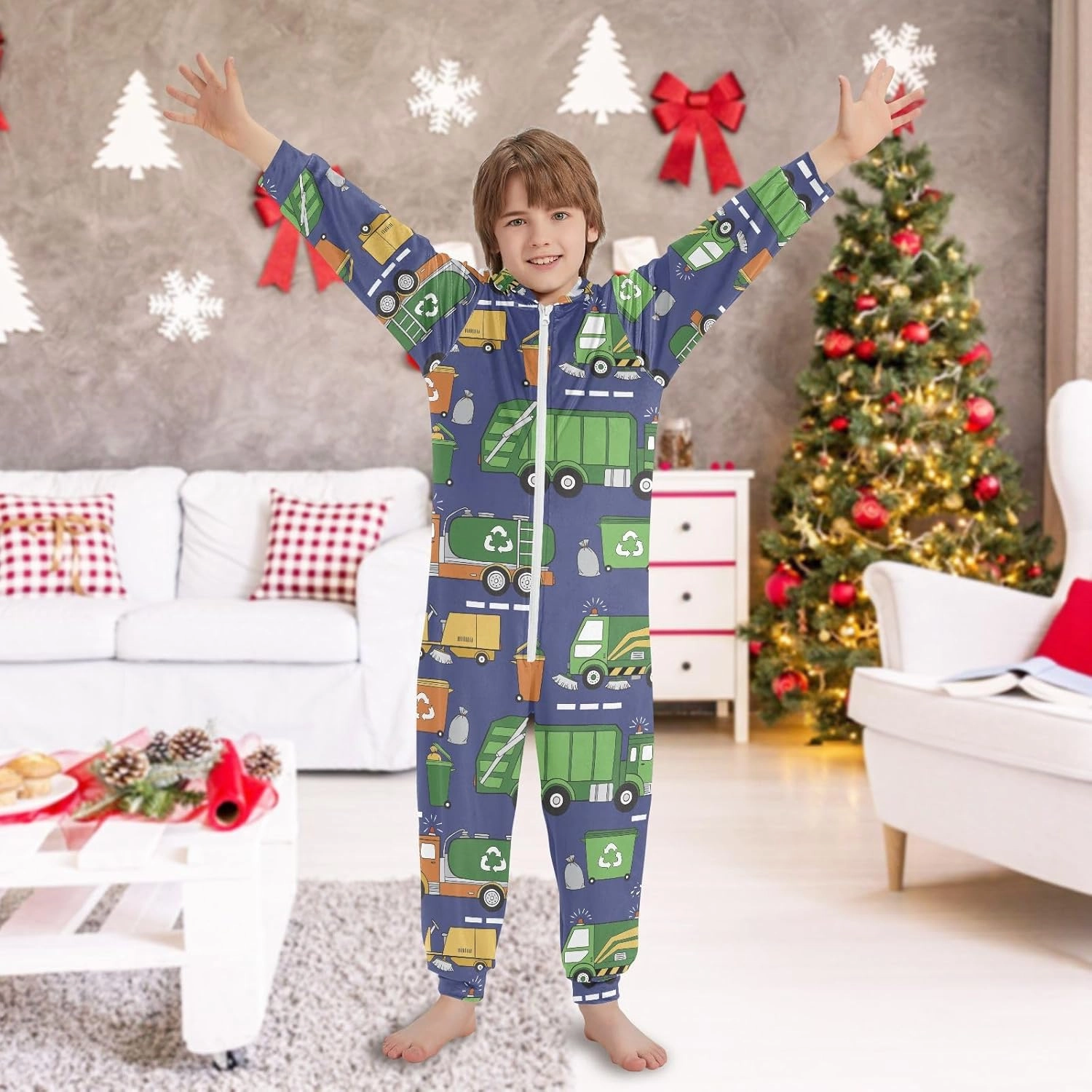 Onesie Pajamas One-Piece Sleepwear with Pocket Hand Drawn Garbage Trucks Cosplay Costume Hooded Homewear 4-14 Years