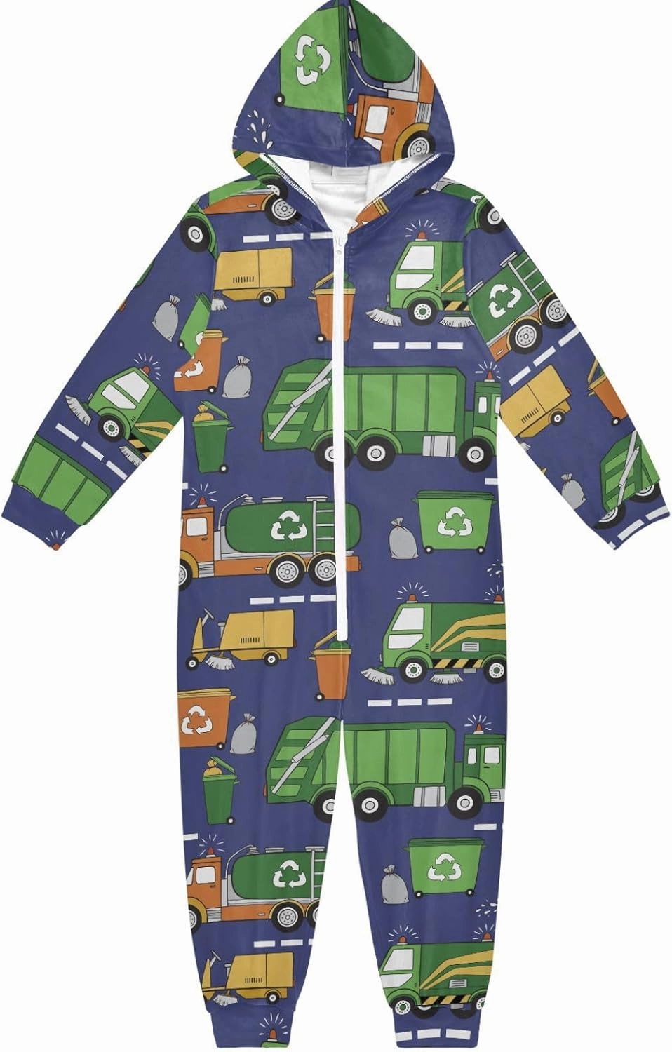 Onesie Pajamas One-Piece Sleepwear with Pocket Hand Drawn Garbage Trucks Cosplay Costume Hooded Homewear 4-14 Years