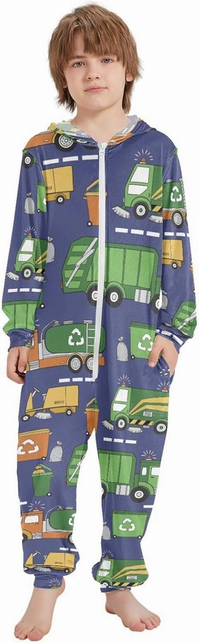Onesie Pajamas One-Piece Sleepwear with Pocket Hand Drawn Garbage Trucks Cosplay Costume Hooded Homewear 4-14 Years