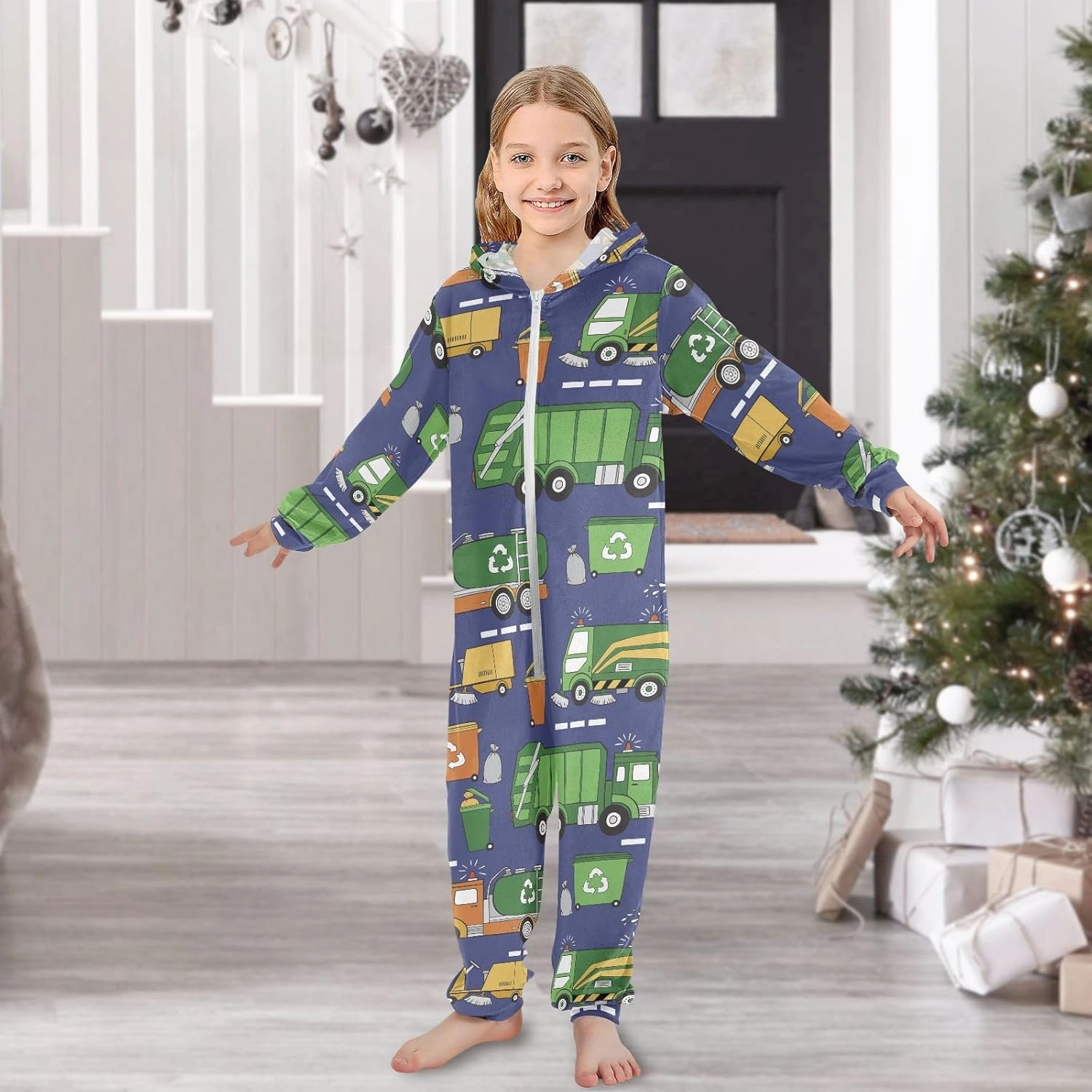 Onesie Pajamas One-Piece Sleepwear with Pocket Hand Drawn Garbage Trucks Cosplay Costume Hooded Homewear 4-14 Years