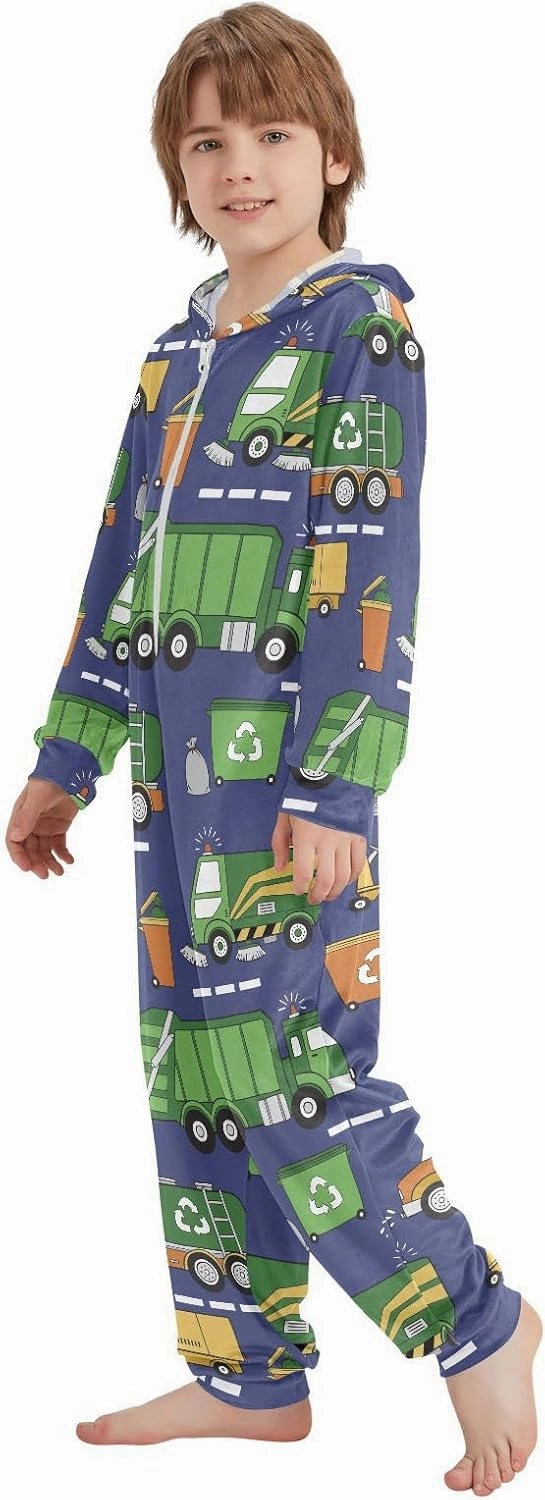 Onesie Pajamas One-Piece Sleepwear with Pocket Hand Drawn Garbage Trucks Cosplay Costume Hooded Homewear 4-14 Years