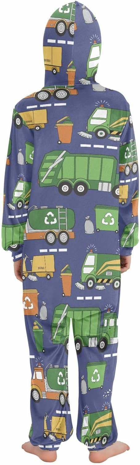Onesie Pajamas One-Piece Sleepwear with Pocket Hand Drawn Garbage Trucks Cosplay Costume Hooded Homewear 4-14 Years
