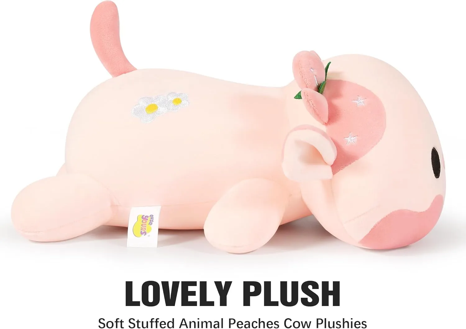 Onsoyours Cute Cow Plushie, Soft Stuffed Peach Cow Squishy Plush Animal Toy Flower Cow Pillow for Kids (Peach Cow, 12")
