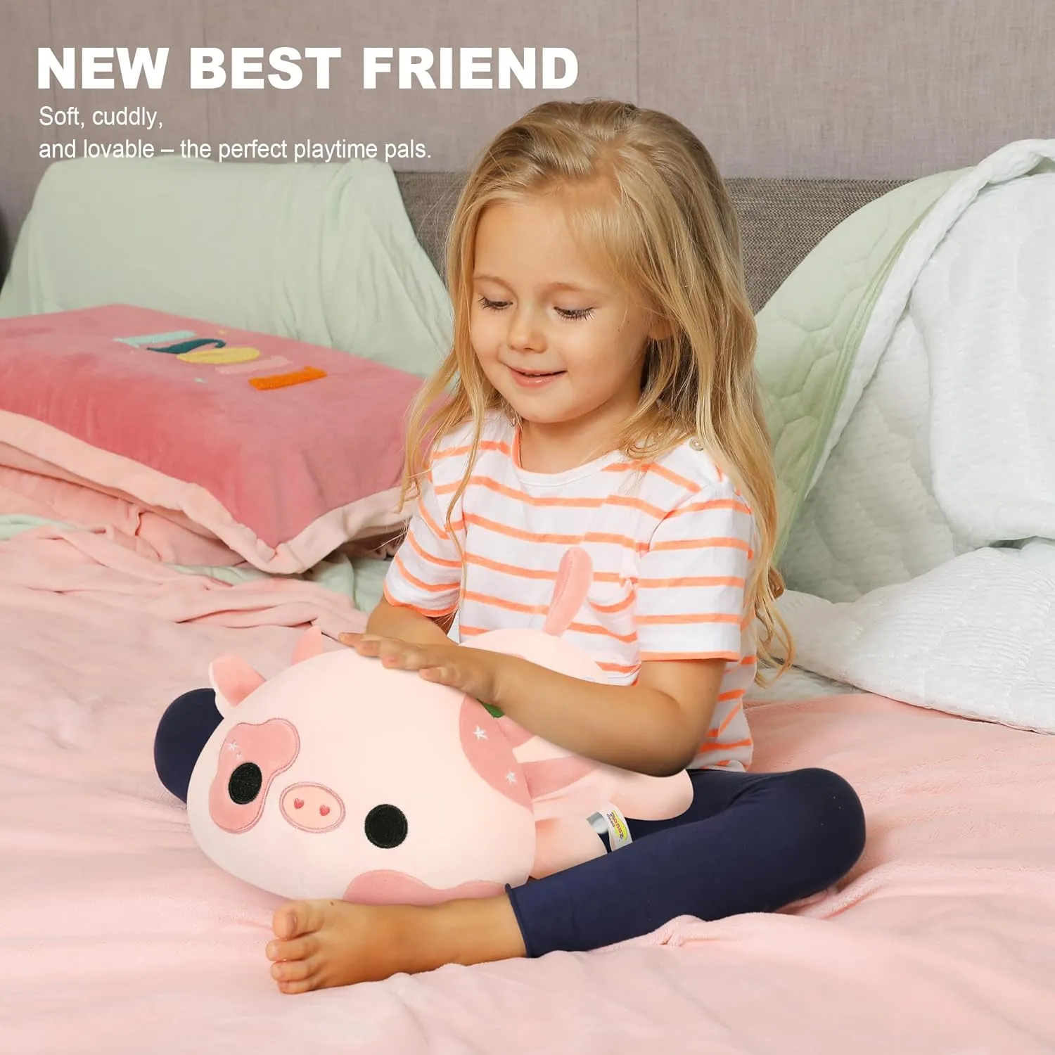 Onsoyours Cute Cow Plushie, Soft Stuffed Peach Cow Squishy Plush Animal Toy Flower Cow Pillow for Kids (Peach Cow, 12")