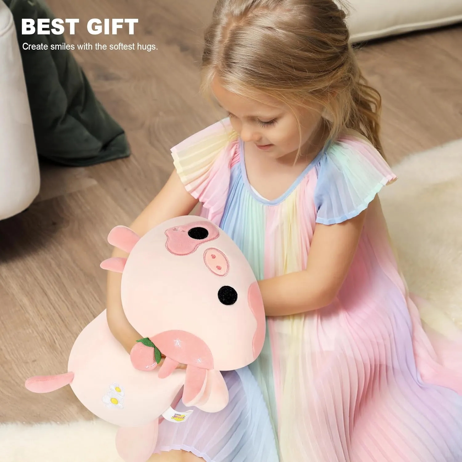 Onsoyours Cute Cow Plushie, Soft Stuffed Peach Cow Squishy Plush Animal Toy Flower Cow Pillow for Kids (Peach Cow, 12")