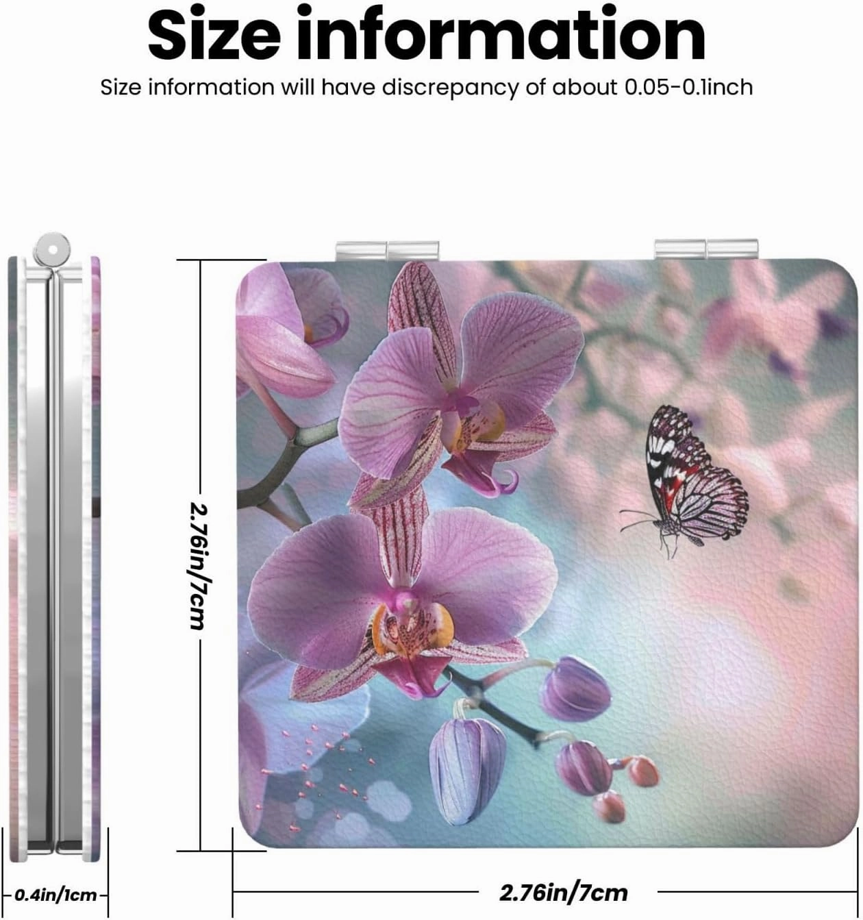 Orchid Flower Butterfly Soft Fresh Spring Printed Square Pocket Makeup Mirror with 1X/2X Magnification, Portable Mini Travel Makeup Mirror for Travel Daily Work Beauty