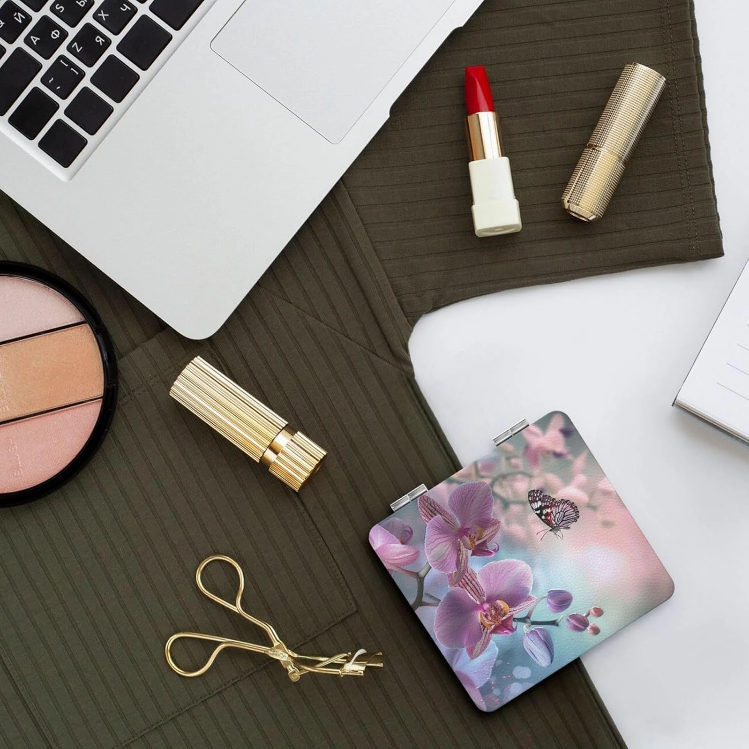 Orchid Flower Butterfly Soft Fresh Spring Printed Square Pocket Makeup Mirror with 1X/2X Magnification, Portable Mini Travel Makeup Mirror for Travel Daily Work Beauty