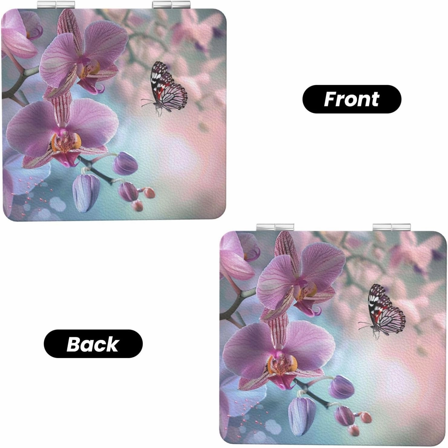 Orchid Flower Butterfly Soft Fresh Spring Printed Square Pocket Makeup Mirror with 1X/2X Magnification, Portable Mini Travel Makeup Mirror for Travel Daily Work Beauty