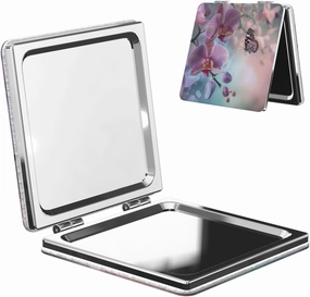 Orchid Flower Butterfly Soft Fresh Spring Printed Square Pocket Makeup Mirror with 1X/2X Magnification, Portable Mini Travel Makeup Mirror for Travel Daily Work Beauty
