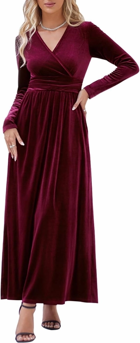 OUGES Women's Long/Short Sleeve V-Neck Wrap Waist Maxi Dress