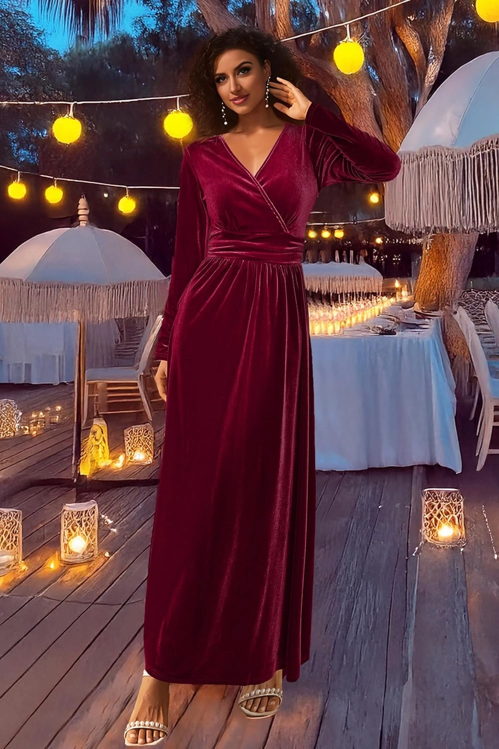 OUGES Women's Long/Short Sleeve V-Neck Wrap Waist Maxi Dress